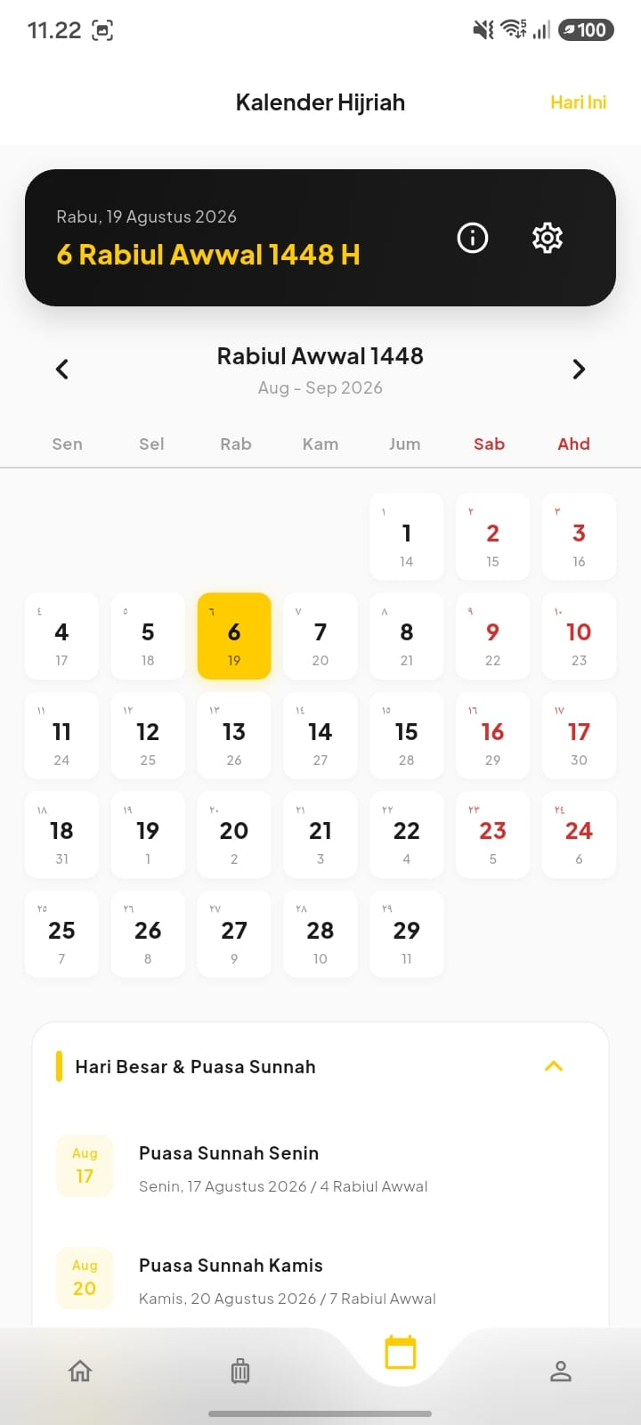 Kalender Hijriah bulan Rabiul Awwal 1448 tersinkron dengan tanggal Masehi Agustus-September 2026, disertai daftar puasa sunnah