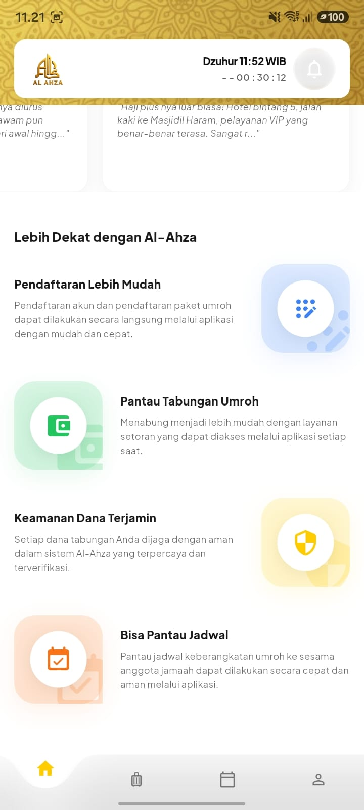 Bagian Lebih Dekat dengan Al-Ahza berisi manfaat Pendaftaran Lebih Mudah, Pantau Tabungan Umroh, Keamanan Dana Terjamin, Bisa Pantau Jadwal