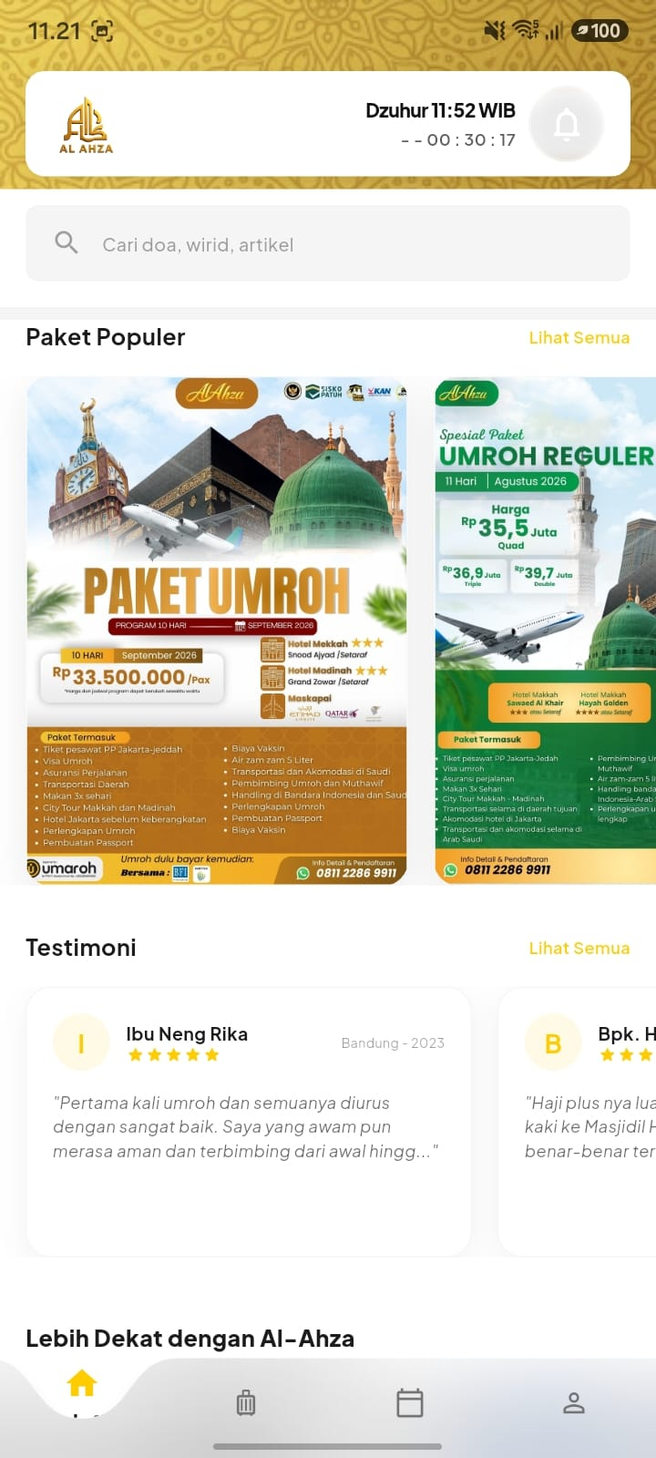 Bagian Paket Populer dan Testimoni pada beranda aplikasi
