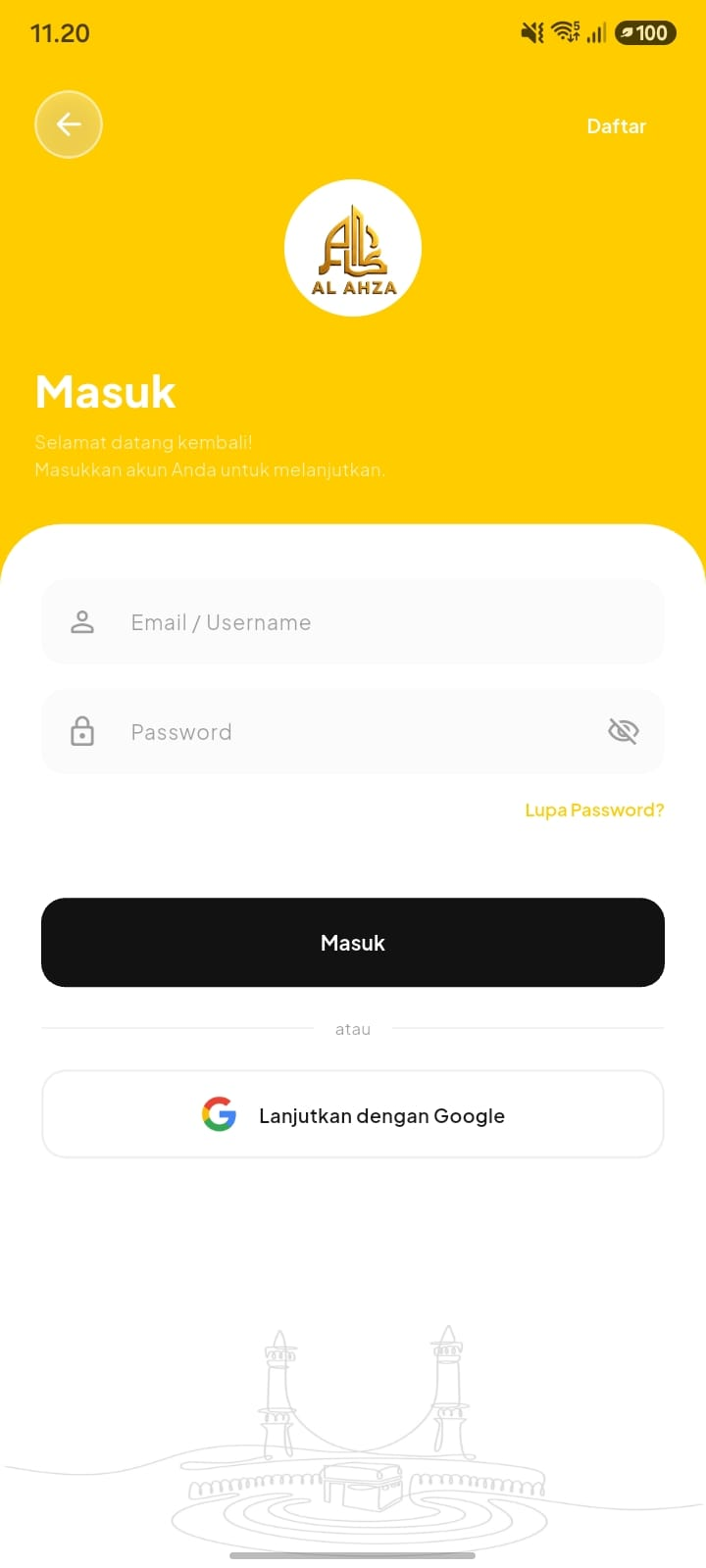Formulir login dengan kolom Email / Username, Password, dan tombol Lanjutkan dengan Google