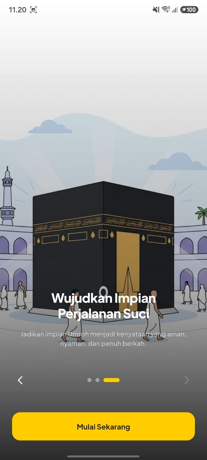 Layar onboarding dengan ilustrasi Kabah dan tombol Mulai Sekarang