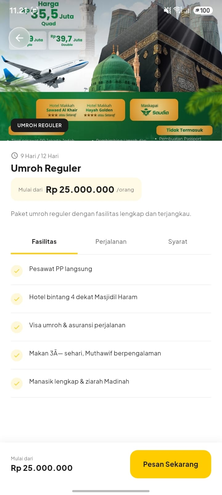 Detail paket Umroh Reguler dengan tab Fasilitas, Perjalanan, Syarat, daftar fasilitas bercentang, dan tombol Pesan Sekarang