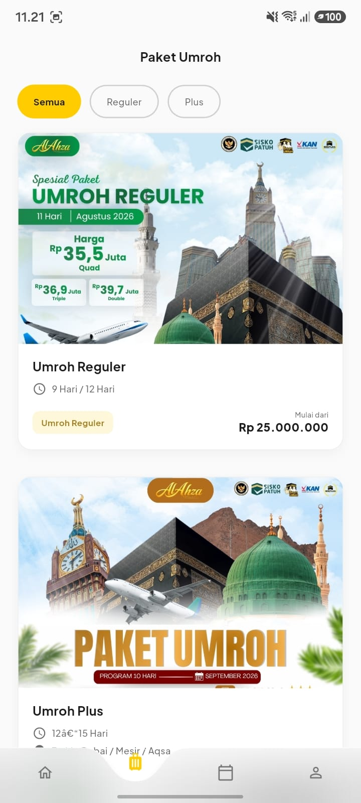 Daftar Paket Umroh dengan filter Semua, Reguler, Plus, dan kartu paket menampilkan durasi serta harga mulai dari