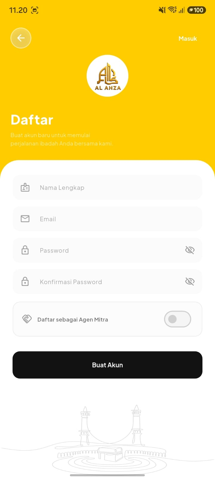 Formulir pendaftaran dengan kolom Nama Lengkap, Email, Password, Konfirmasi Password, dan toggle Daftar sebagai Agen Mitra