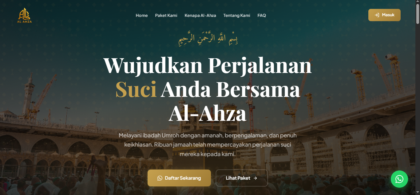 Halaman beranda website Al-Ahza dengan navigasi Home, Paket Kami, Kenapa Al-Ahza, Tentang Kami, FAQ, dan hero berisi ajakan Wujudkan Perjalanan Suci Anda Bersama Al-Ahza
