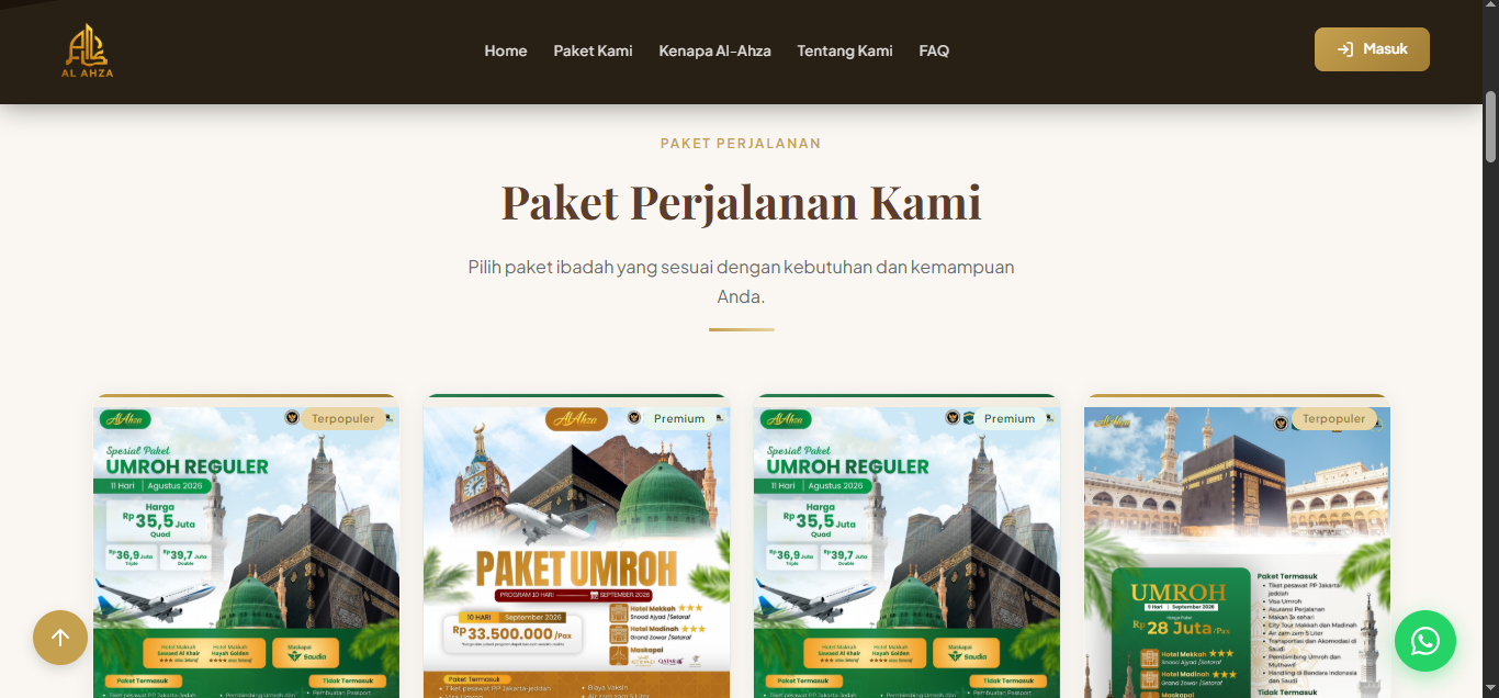 Katalog paket umroh di website dengan kartu bergambar, label Terpopuler dan Premium, serta rincian harga per kamar